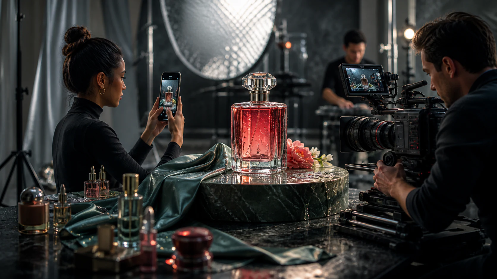 A premium product campaign set with creators and commercial filmmaking equipment