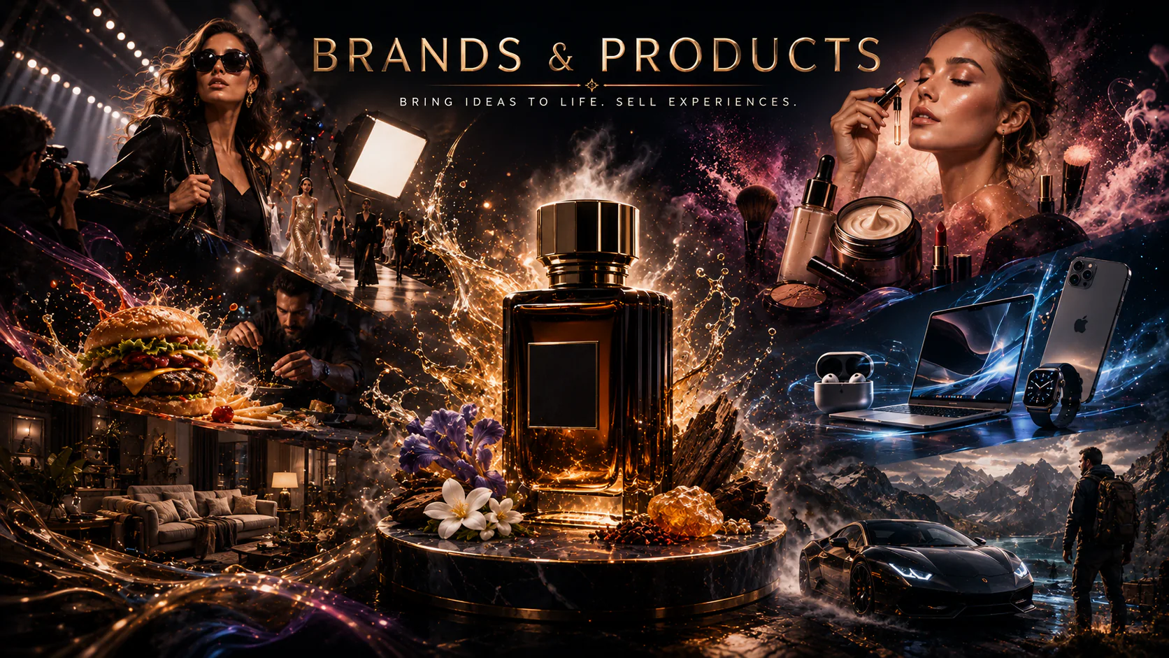 Brands and Products cinematic collage spanning beauty, food, technology, fashion and luxury products