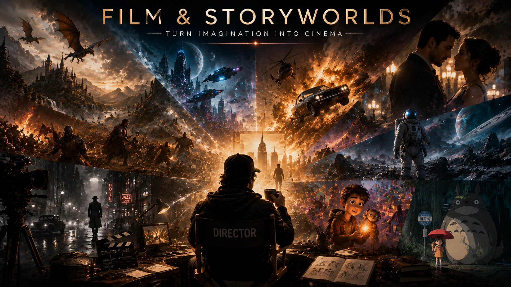 Film and Storyworlds cinematic collage spanning fantasy, science fiction, action, romance and animation