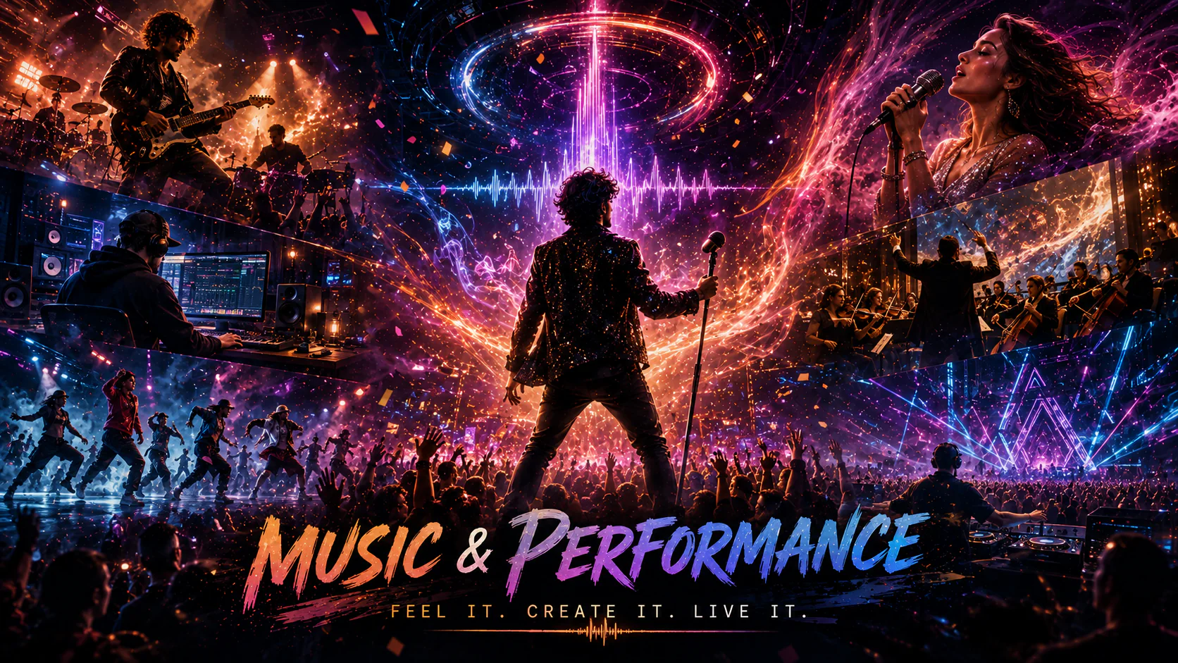 Music and Performance cinematic collage with live artists, dancers, studio production and concert visuals