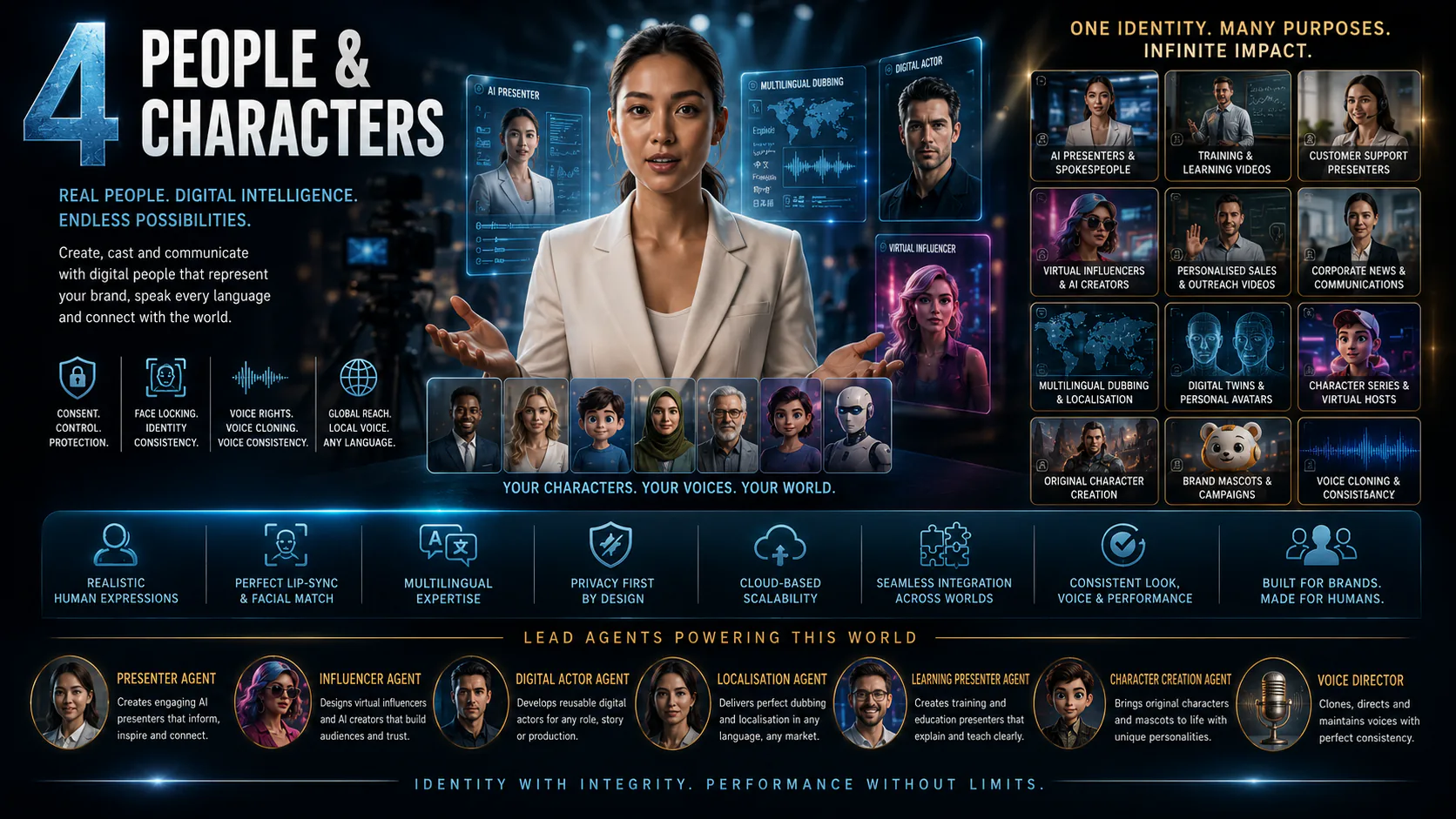 People and Characters production map showing presenters, digital actors, voice and localisation capabilities