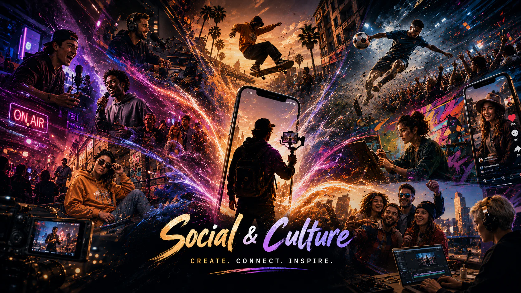 Social and Culture cinematic collage with creators, podcasting, sports and short-form video production