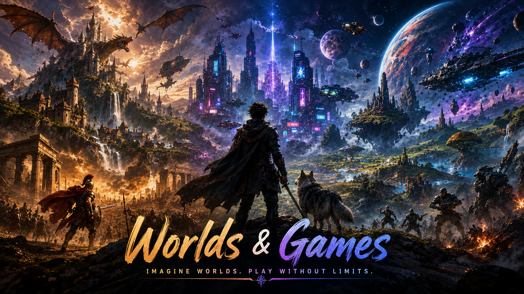 Worlds and Games cinematic collage spanning fantasy, science fiction and game-world creation