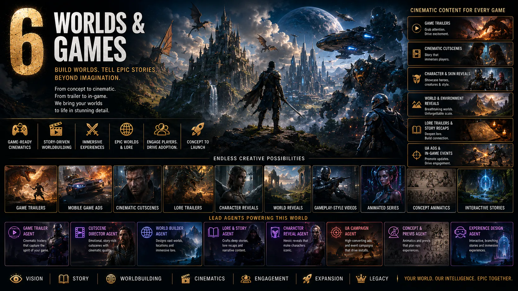 Worlds and Games production map showing trailers, cutscenes, lore, character reveals and worldbuilding