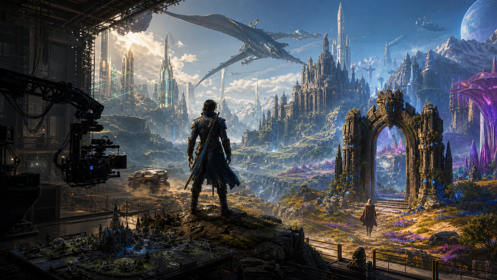 An expansive fantasy game world being directed on a cinematic production interface